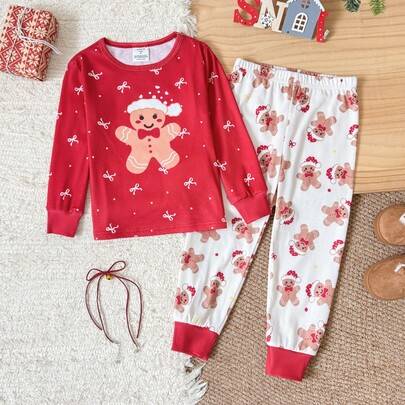 Ungt flickset för höst/vinter och jul, sött och moderiktigt, mångsidigt för fest, långärmat med långa byxor, för vardag och hemma, slim fit - Röd (6Y,7Y,8Y,4Y,5Y,2-3Y)