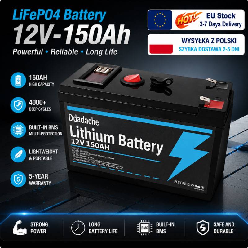 EU Local Delivery 12V 150Ah LiFePO4 Lithium Battery With USB Port Deep Cycle Solar Charging Battery Ideal For Fish Finder Kayak Marine Boat Outdoor Camping Off-Grid Applications