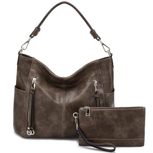 Chase Chic Handtasche Damen, Leder umhängetasche Shopper Hobo Taschen Geldbörse set Gross Schultertasche mit Abnehmbar Schulterriemen 2pcs Kaffee