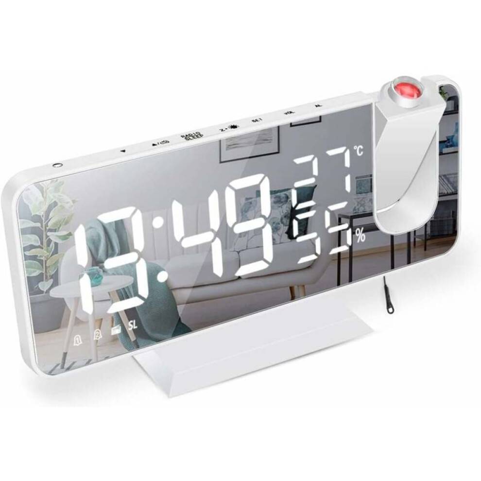 Vækkeur med lysdæmper og projektion, 180 justerbar projektor, digital clockradio med LED-display, dobbelt alarm, USB-opladeport, radioalarm