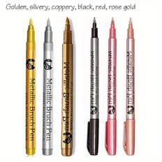 TEMU 6pcs Set Of Golden, Silvery, Red, Black, Copper & Rose Golden Permanent Marker Pens – Metallic Colors, Markers For Diy Crafts And Office Supplies