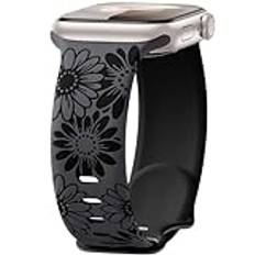 Maledan Blommig graverat armband kompatibelt med Apple Watch armband 41 mm 40 mm 38 mm 42 mm, kvinnor, tvåfärgad blomma, mjukt silikonsportband för iWatch SE Series 10 9 8 7 6 5 4 3 2 1, kol/svart