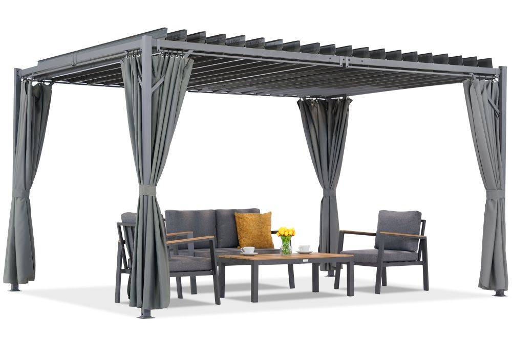 Antracit Tasos 3x4m pergola för uteplats med Garden Point gardiner