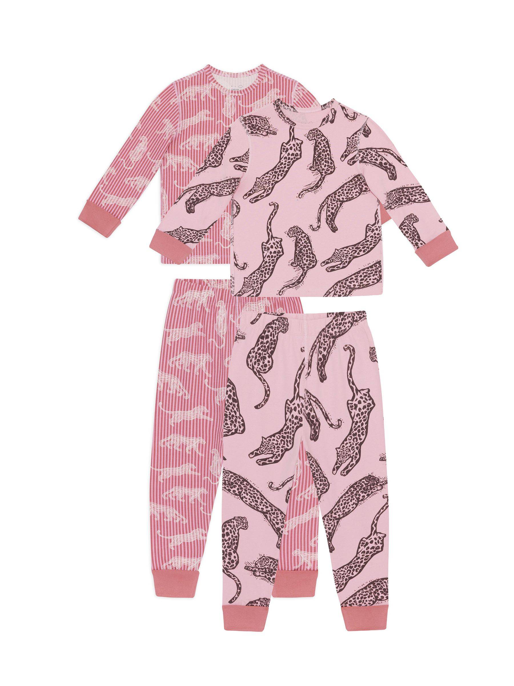 Chelsea Peers Chelsea Peers Pink Kids Cotton Lino Cut Linear Leopard Stripe Print Long Pyjamas Set 2 Pack