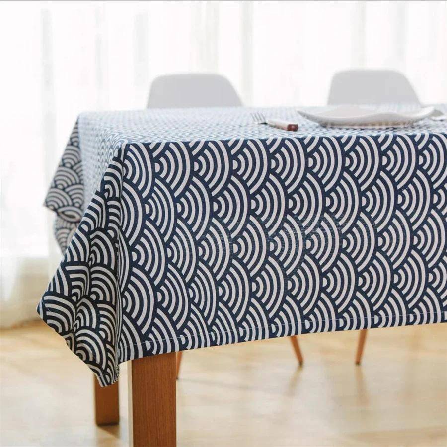 Japansk Stil Blå Våg Duk Bomull Linne Duk Rektangulär Duk Dekorativ Matsalsbordsskydd Obrus Mantel gray