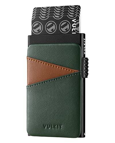 VULKIT Pop Up Korthållare Plånbok Metallkortfodral RFID-blockerande Kortskydd med Lädersedlar Fack Slim Kreditkortshållare för Män, Grön