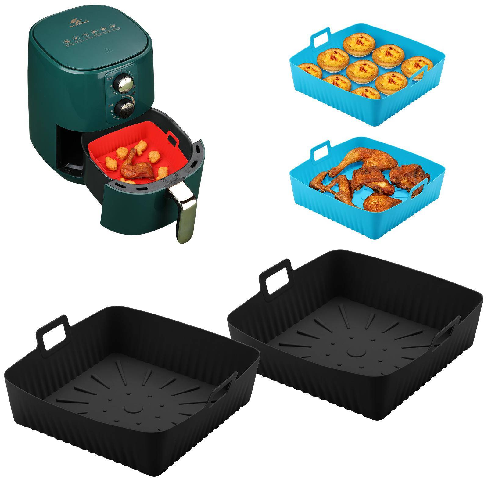XXL 9-tums Silikon Air Fryer Korg för Cosori/Ninja 6-8QT - Ugnssäker Fyrkantig Återanvändbar Bricka Diskmaskinsäker Oljefri svart