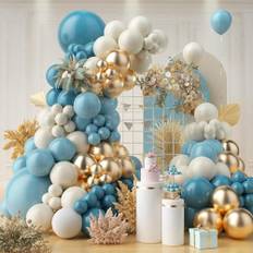 LUOBITO Dammig blå ballongbåge-kit, 125 st baby pastellblå ballonger girlang-kit, beige sandvita guldballonger för baby shower födelsedag bröllop examen jubileum festdekorationer