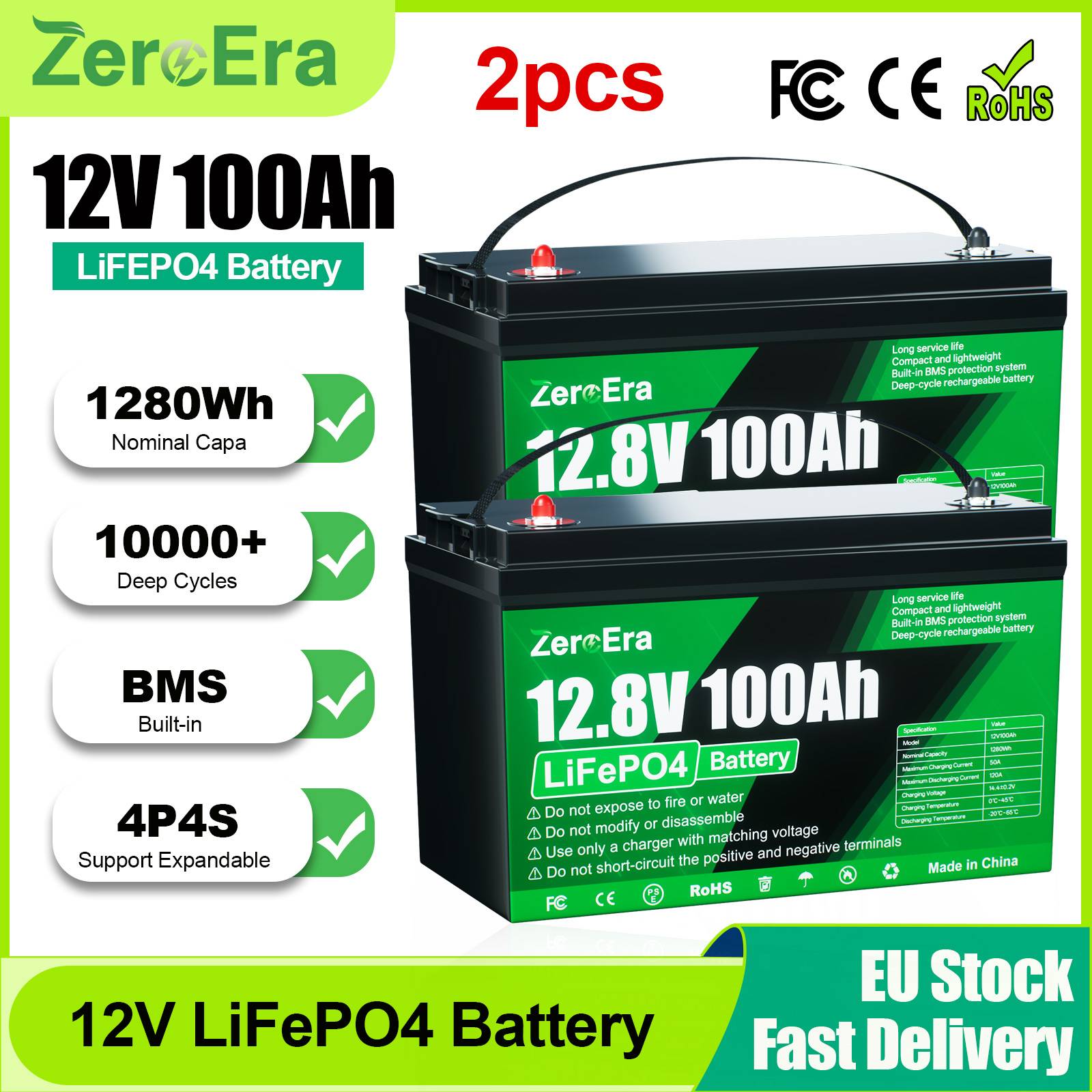 ZeroEra 2PCS 12V 100Ah LiFePO4 Battery 1280Wh High Capacity 10000+ Deep Cycle Lithium Iron Phosphate Battery Built-in BMS Protection Support 4S4P Connection RV Truck Travel Home Off-Grid Energy