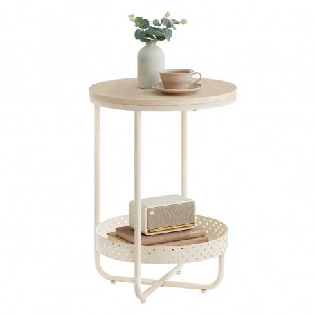 Runt Sidobord med 2 Nivåer Krämvit Krämvit Metall/Trä 55×55×40 cm Kompakt Design