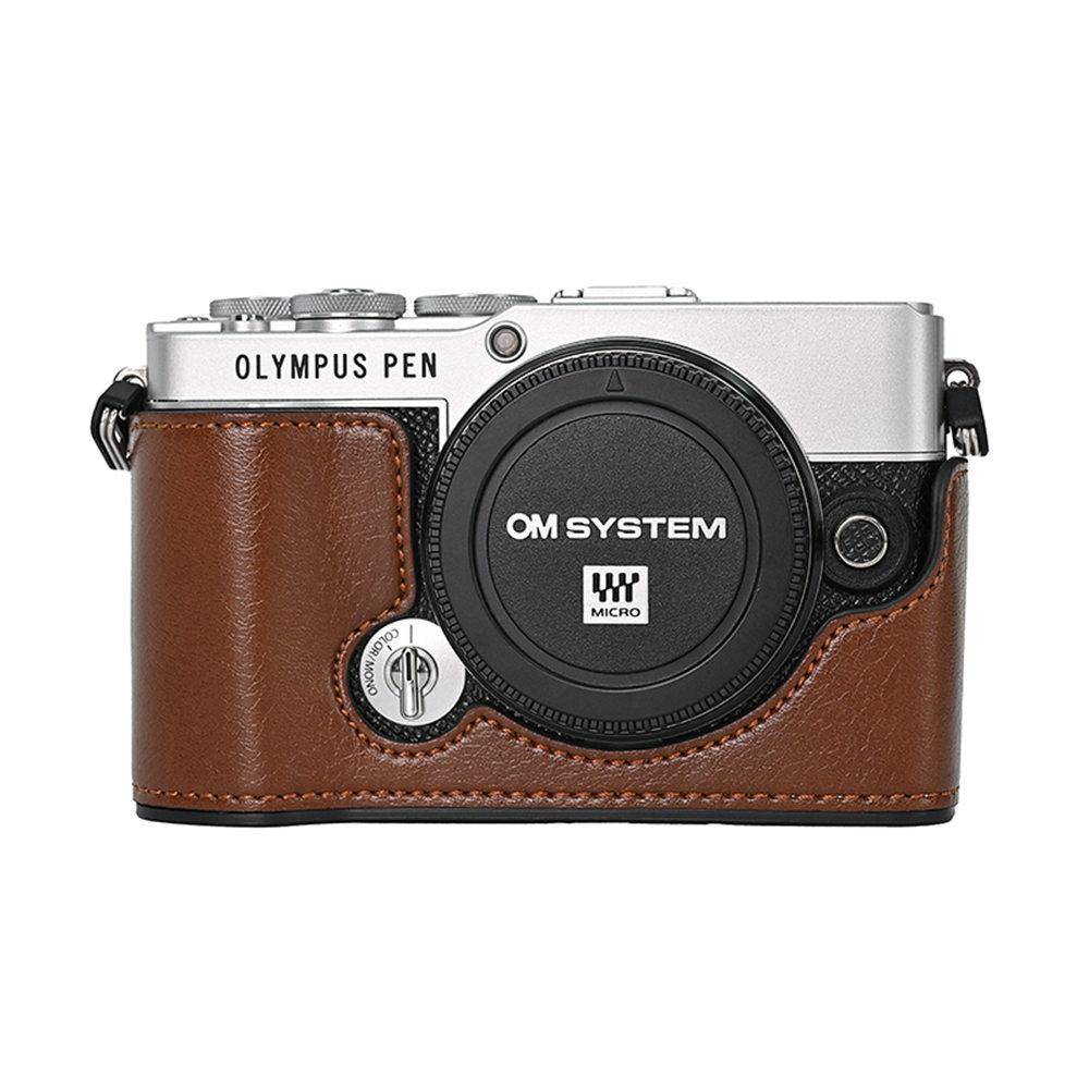 PU Läder Kamera Halvkroppsfodral för Olympus PEN EP7 E-P7 Batteriöppning Bottenkåpa grön