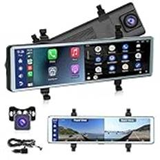 Bil Backspegel Dash CAM Carplay Android Auto, Bluetooth, 11,26 tum pekskärm IPS backspegel DVR, kameror fram- och bakifrån mörkerseende WDR, Dash-spegelkameror
