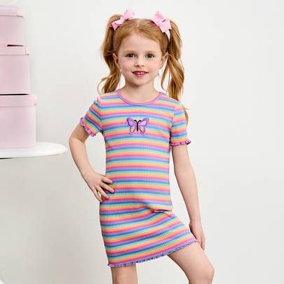 Ung flicka monterad stickad randig rund hals Casual klänning - Multifärgad (6Y,7Y,8Y,4Y,5Y)