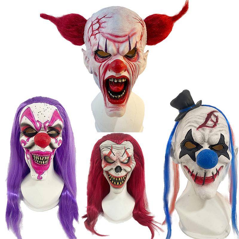 2022 Halloween Clownmask med Långt Hår - Latex Huvudbonad gray