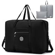 SPAHER Duffelväska Resväska Stor Hopfällbar Resväskor Handbagage 55x40x20 TUI Airways Lufthansa Lätt Kabinväska 45L Packable Holdall Vattentät Handväska för Män och Kvinnor Svart