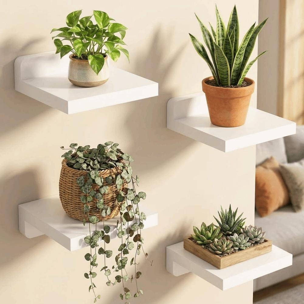 4PCS Rustic Small Floating Shelves Wood Wall Storage Rack Durable Flower Racks  Bedroom