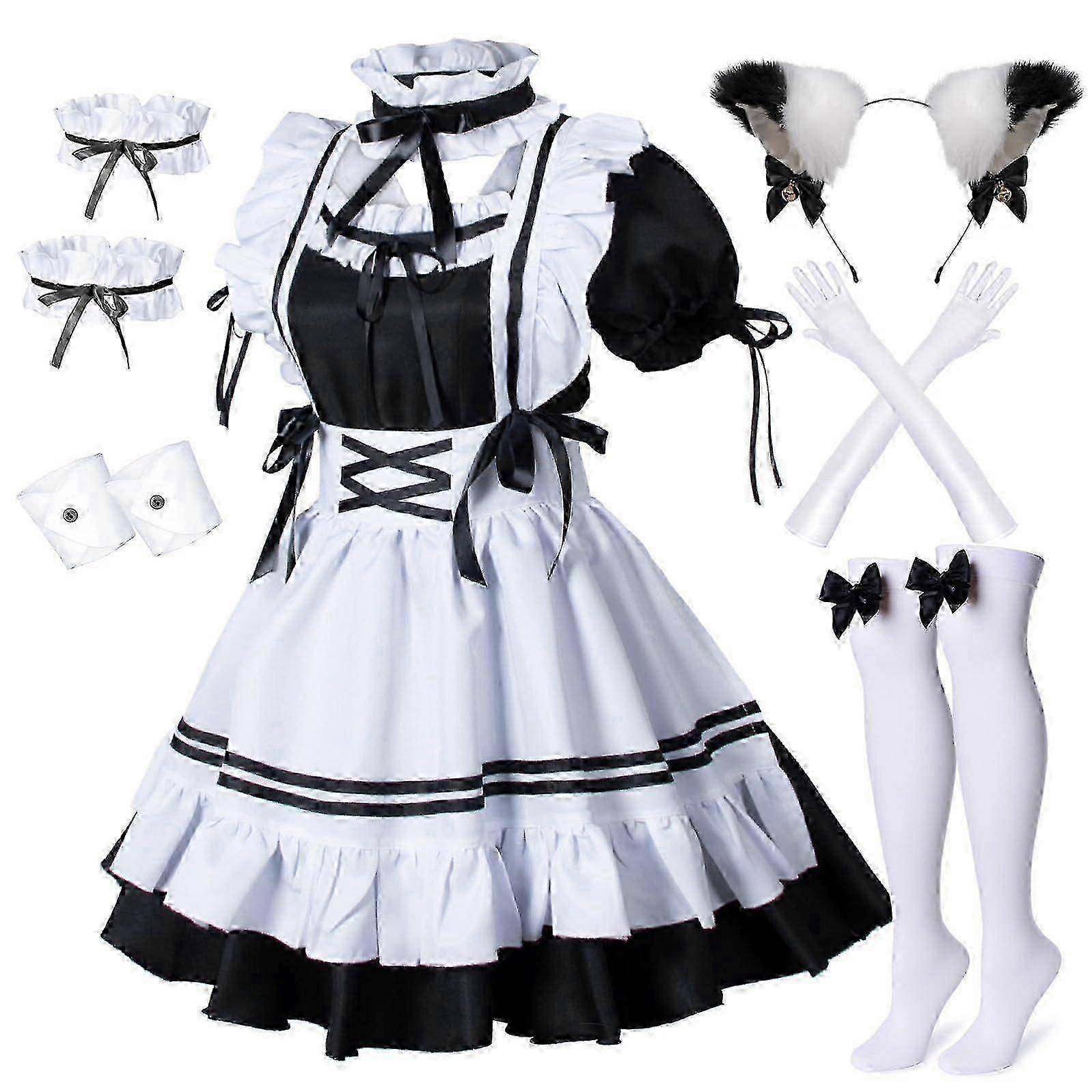 Anime French Maid Apron Lolita Fancy Dress Cosplay Costume Furry Cat Ear Gloves Socks Set for Womena