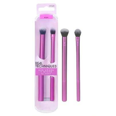 Real Techniques Eye Shade & Blend Makeup Brush Duet, för ögonskugga och eyeliner, sminkverktyg för att forma och vårda bryn, definerad sminklook, vega - Skrikrosa