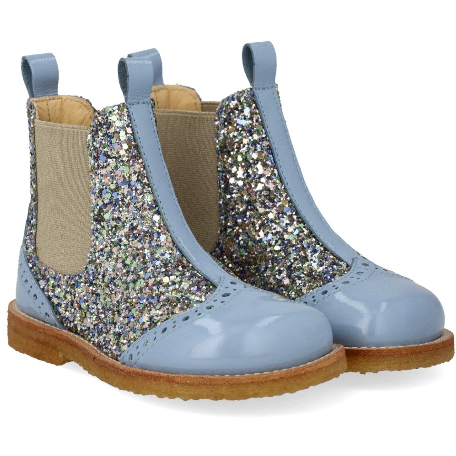 Angulus Sky Blue/Spring Multi Glitter/Beige Chelsea Støvle Med Glitter Og Brogues Detaljer Str. 28