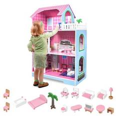Froadp Trädockahus för barn Dockhusset Rosa 3 våningar dockskåp med möbler & tillbehör Dockvilla DIY Movable House Drömvilla, för flickor och pojkar - Blå