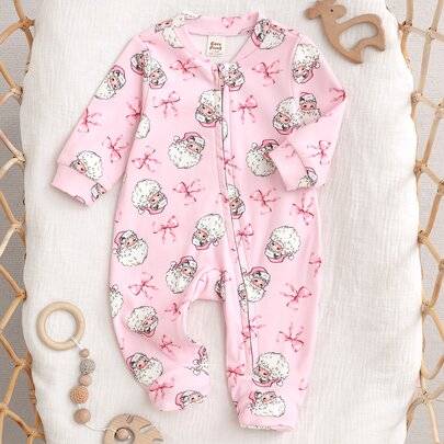 Nyfödd baby pyjamas med jultomte- och rosettmönster, rosa endelad sovdräkt, fodrad jumpsuit för nyår, jul och vardagsbruk (6-9M,0-1M,1-3M,3-6M)