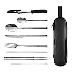 hecef Bestick-set, 9 delar återanvändbara resebestick-set, camping bestickset med bestickväska för resor och knivar, liten, rostfritt stål, bärbara redskapsset, silver