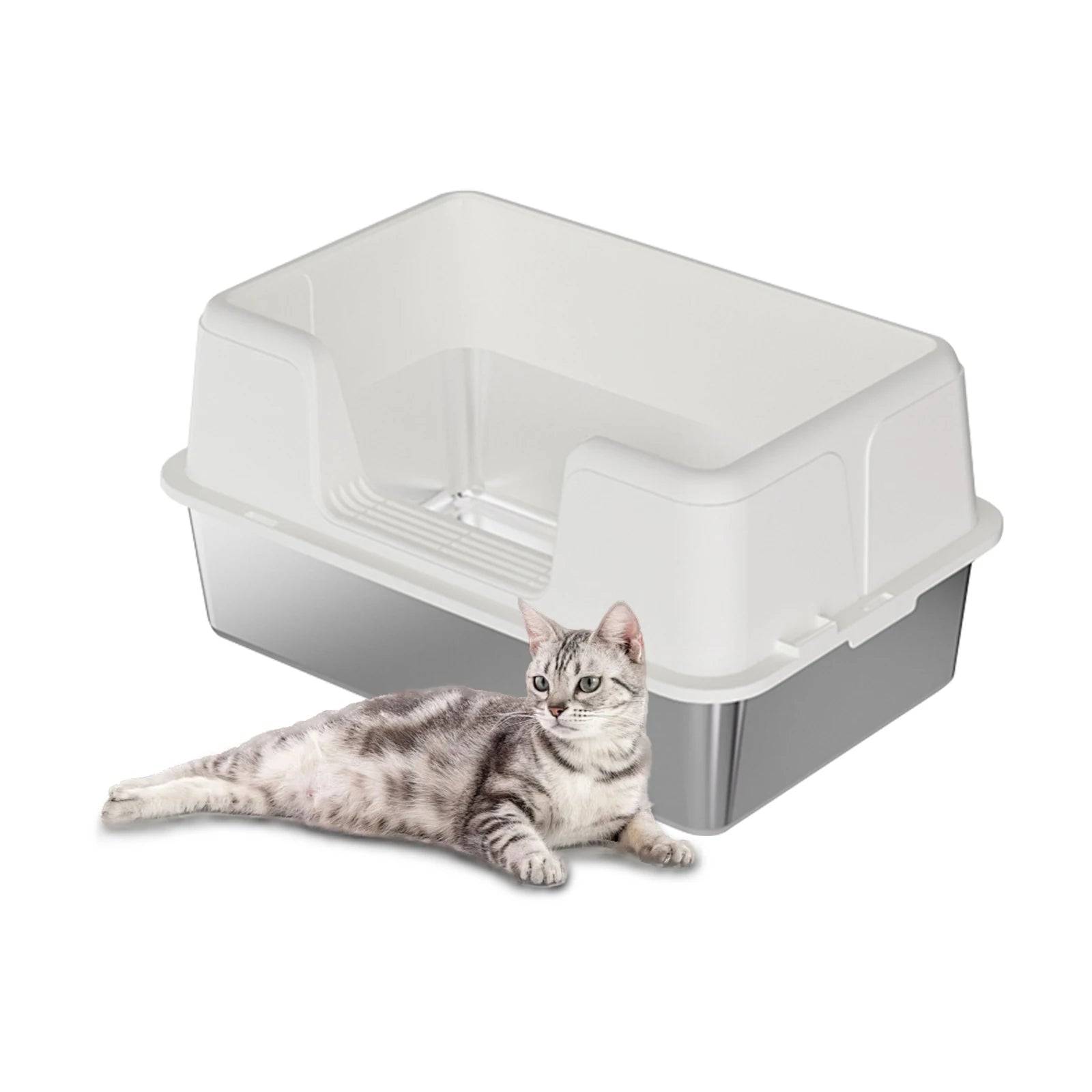 Stainless Steel Semi-Enclosed Cat Litter Box | High Sides | Anti-Splash | 3 Sizes - 60x40x36.5cm / WHITE / United Kingdom (60x40x36.5cm)