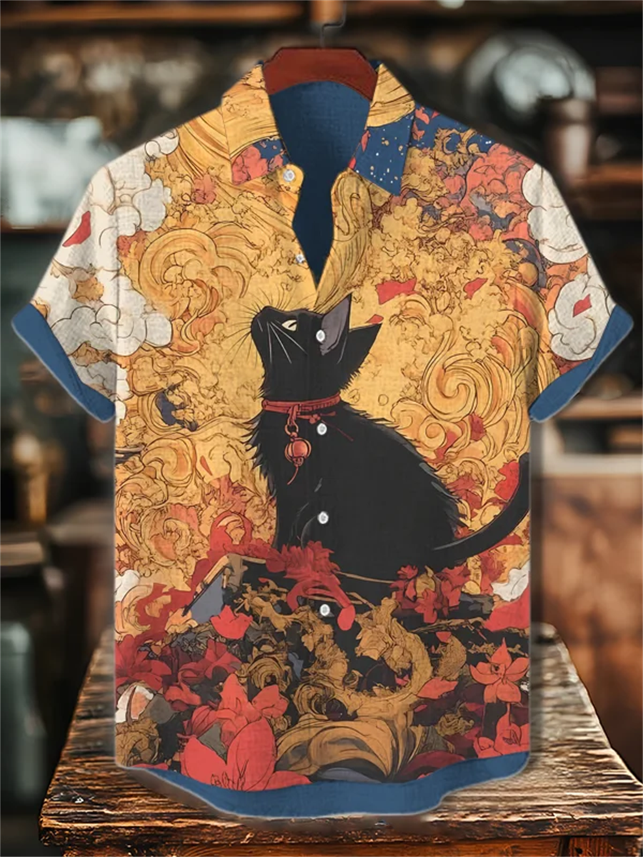 Cat pattern, fashion trend, street outdoor, high-quality and comfortable linen men's short sleeved casual shirt