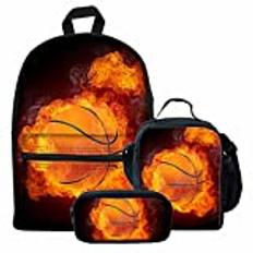 NETILGEN 3-delat set skolväska, pojkar ryggsäck barn skolväska dagväska med hörlurar sladd hål lunchväskor barn pennskrin, Fire Basketball, one size, Barn ryggsäck