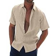 Halfword herr linne skjortor kortärmad sommar vardag strand skjortor knapp ner lös passform hawaiiansk semester bröllop ostduk toppar, BEIgE, 3XL