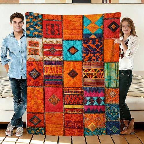 Bohemisk Patchwork Täckfilt Flanellfilt Mjuk för Soffa Säng Camping Heminredning