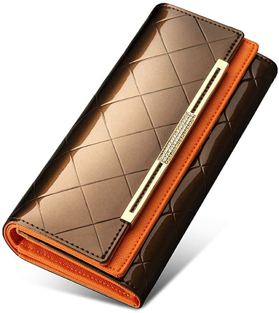Deelfel Long Popular Bifold Plaid Genuine Large Capacity Wallet Women's Wallet, Brand, Wallet, Leather, Leather, Elegant, (Brown)