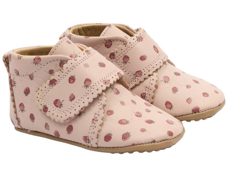 Pom Pom Hjemmesko Dusty Rose Med Jordbærprint Og Bølgekant - Str. 20