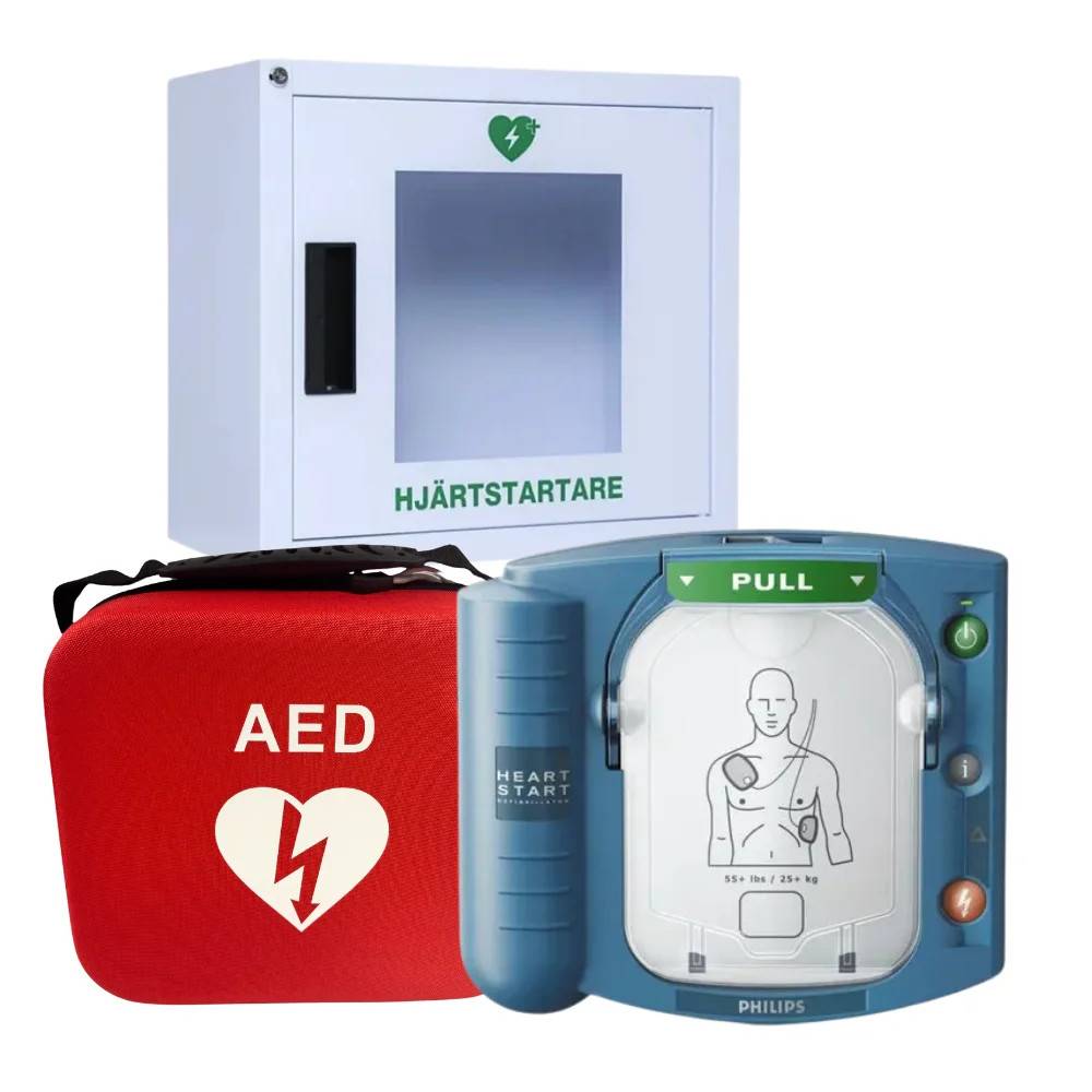 Philips HeartStart HS1 med väska och larmat väggskåp vitt