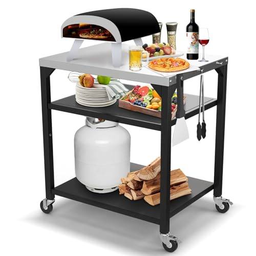GFTIME Pizzaugnsbordsvagn för Ooni, Ninja Woodfire, Blackstone Griddle, Weber Q, stor rullande köksö, universell grillstativ, rostfritt stål grillvagn med 3 våningar