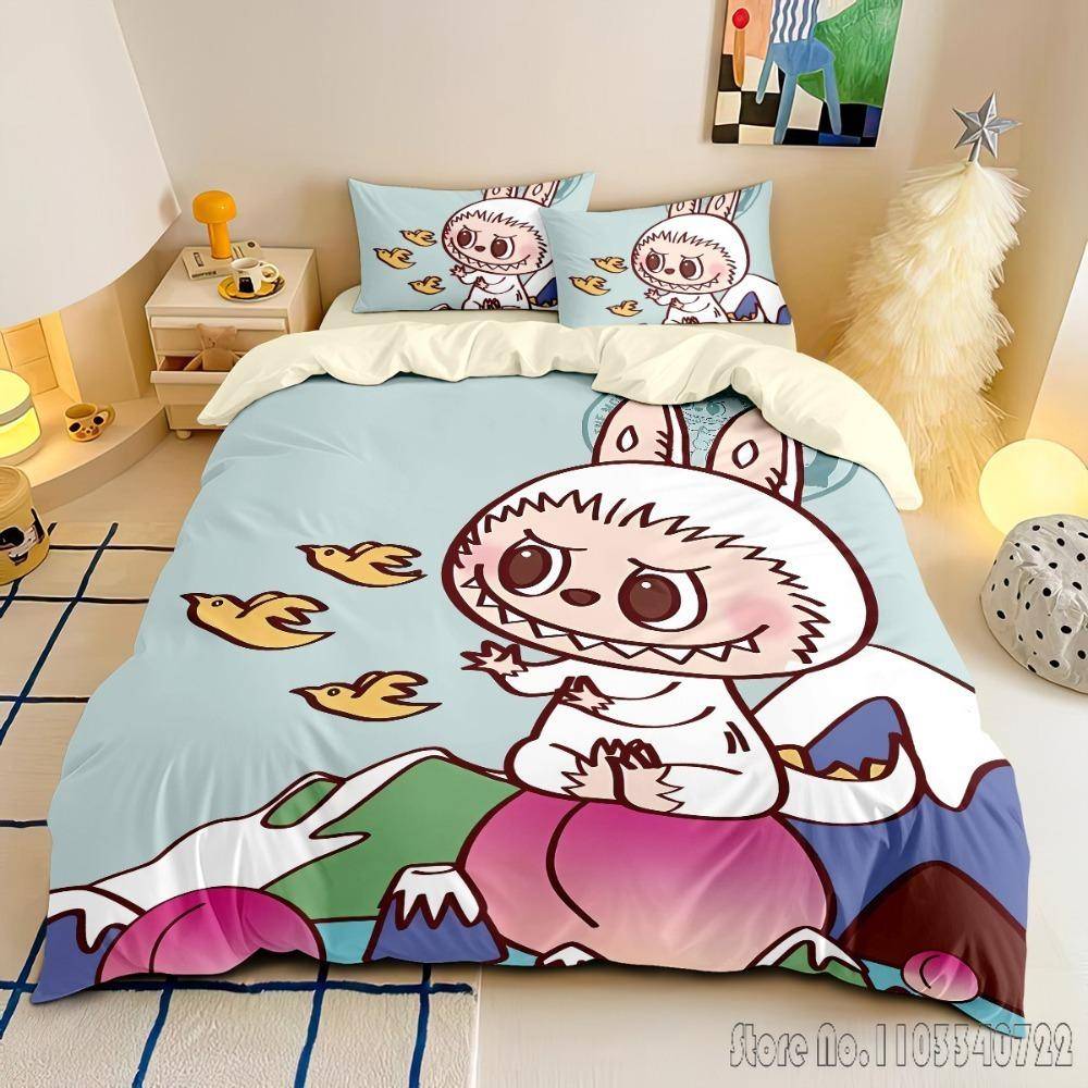 Söta Tänder Ny Anime La-BuBu Rosa Påslakanset HD Täcke Örngott för Barn Sängkläder Sängkläder Sovrumsinredning Baby 120x150cm