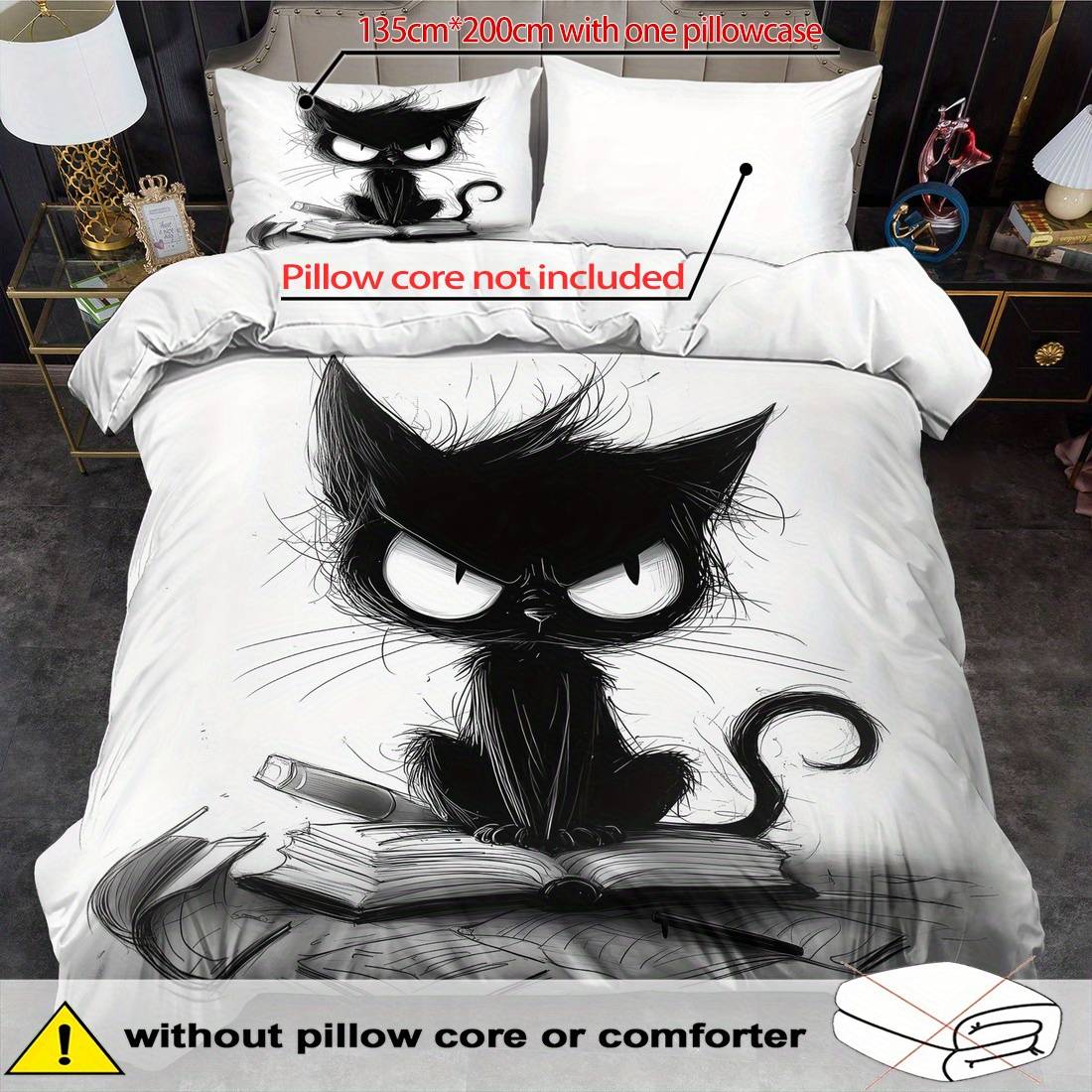 2/ 3pcs Quilt Cover Set, Black Cat Print Duvet Cover Set, King Bedding, Polyester Machine Washable, Quilt Decoration, Bedroom , Birthday Gift (includes 1 Duvet Cover And 1 Pillowcases, No Quilt Core)