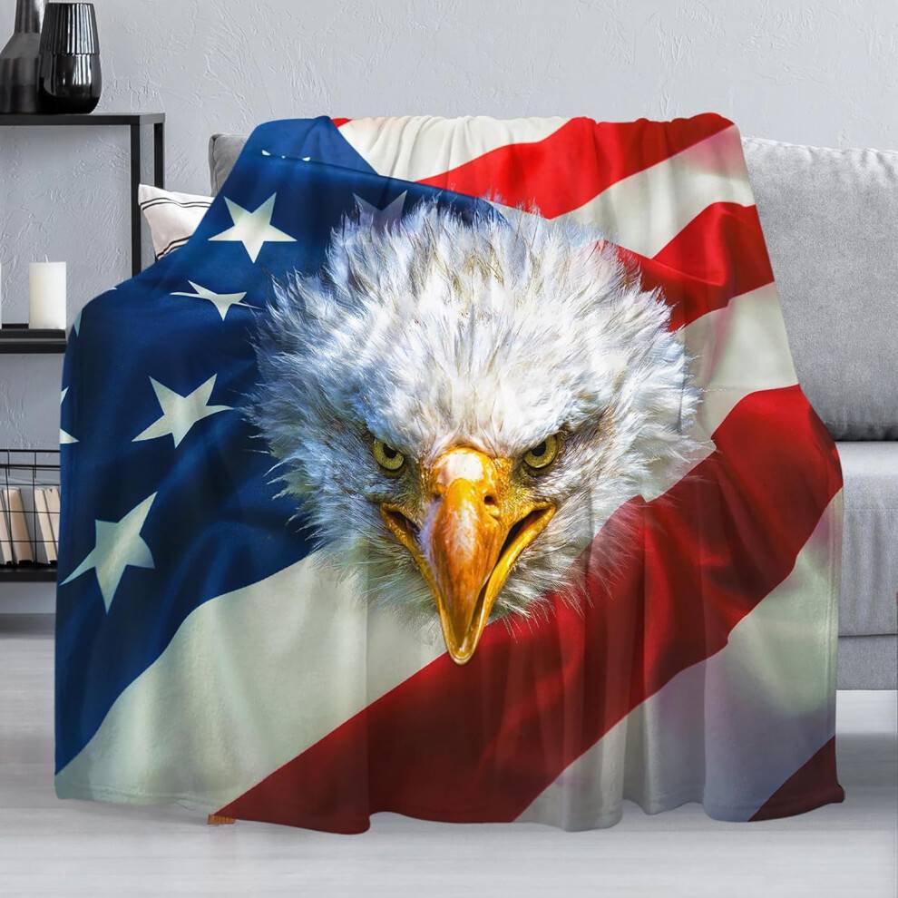 Amerikansk flagga och örn filt, 122x152 cm, supermjuk fuzzy flanellfleece – kompatibel med soffa, säng, kontor