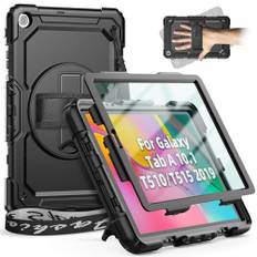 Timecity Hülle für Samsung Galaxy Tab A 10,1 2019 SM-T510 SM-T515 Anti-Fall mit Bildschirmschutz Handschlaufe und Schulterriemen, Drehbarer Ständer, Bleistifthalter für Galaxy Tab A 2019-Schwarz