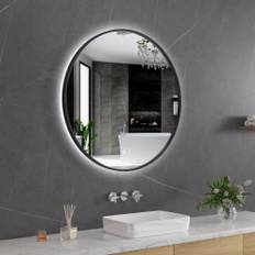 Rund badrumsspegel 80x80 | Svart ram | LED-belysning | Anti-fog & touch-styrning