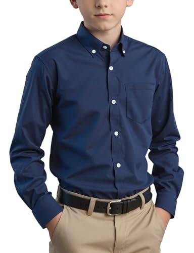 Spring&Gege Pojke enfärgad knäppt krage bomull skoluniform casual för barn, Marinblå, 7-8 ans