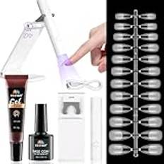 EBANKU Gel Nai Extension Kit, 3 in 1 Fast Nagellim Gelbaslack med UV Mini blixthärdande Nagellampor och 120 st Medium Mandel Naglar för Hemma along