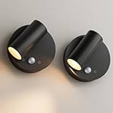 K-Bright 2 stycken sladdlös vägglampa med rörelsedetektor, batteridriven lä väggmontering, LED vägglampa inuti med strömbrytare touch dimbar, 3 färgtemperatur justerbar trådlös vägglampa, svart