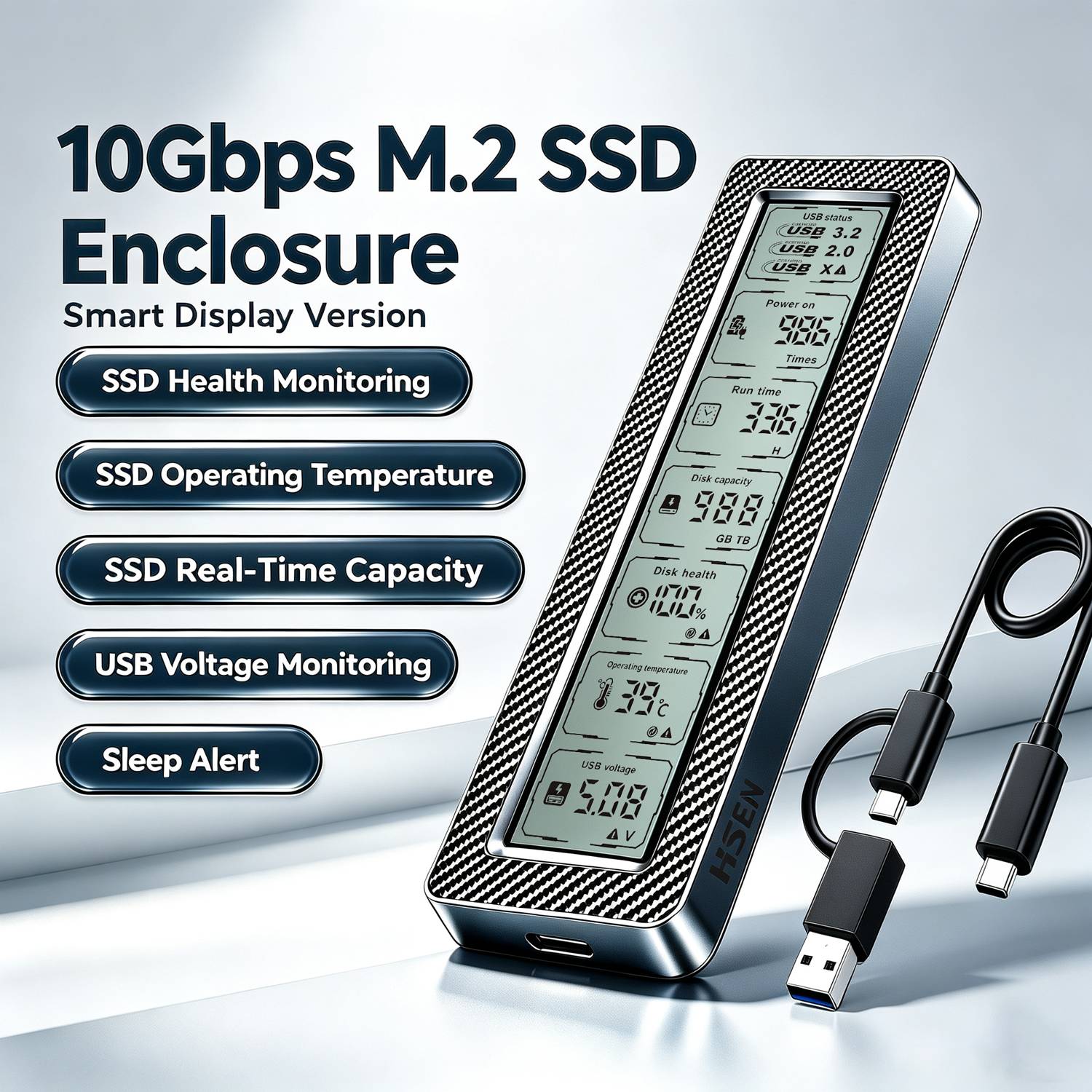 M.2 SSD Enclosure with Smart Display ,Real-Time SSD Health Monitor, USB 3.2 Gen 2 10Gbps, NVMe & SATA Dual Protocol M.2 SSD Case