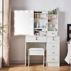 LIANWANG Sminkbord med LED-lampa, 3 färgtemperaturer, 3 lägen, sminkbord med pall, 6 lådor och 4 fack, vitt, 131 x 36 x 80 cm