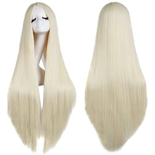 Färgglad panda 80 cm/32 tum damer långt rakt hår peruk mittspets vacker stil syntetiskt hår peruker för kvinnor och flickor för cosplay festival kostymfest karneval och vardag (ljusblond)