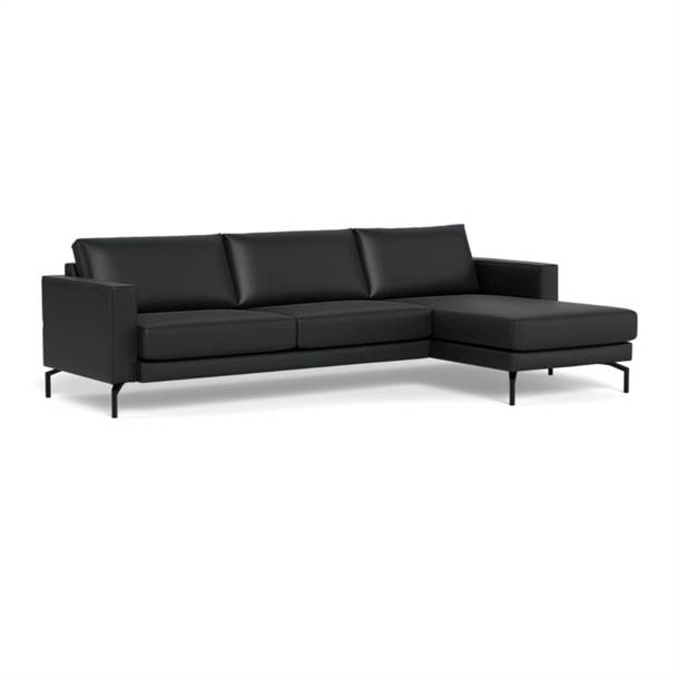 Cannes sofa med chaiselong til Højre - Set forfra - 272 x 163 cm. - Semianilin læder Sort - Stærk Pris