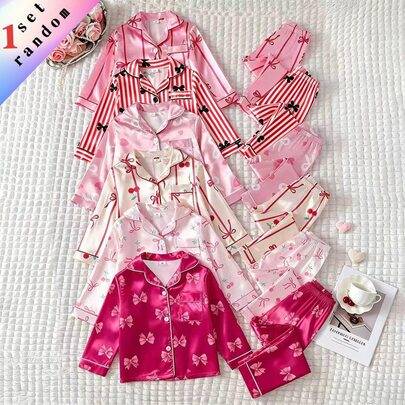 Slumpmässigt skickat 1 set pyjamasset för småbarnsflickor med rosett, cardigan med krage, lång ärm, hemmakläder - Skrikrosa (6Y,7Y,4Y,5Y)