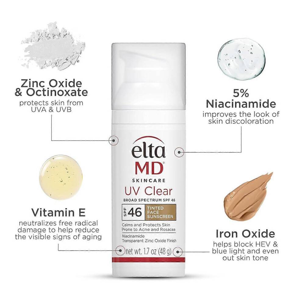 EltaMD UV Tinted Face Sunscreen, SPF 46, Oil-Free Formula with Zinc Oxide, Dermatologist Recommended.