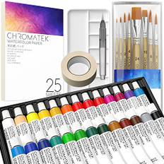 CHROMATEK akvarellfärgset | 62-delat kit | vuxna, barn, nybörjare och professionella konstnärer | papper, 8 borstar, palett, aquapen, tejp | 12 ml akvarellrör | konsttillbehör..